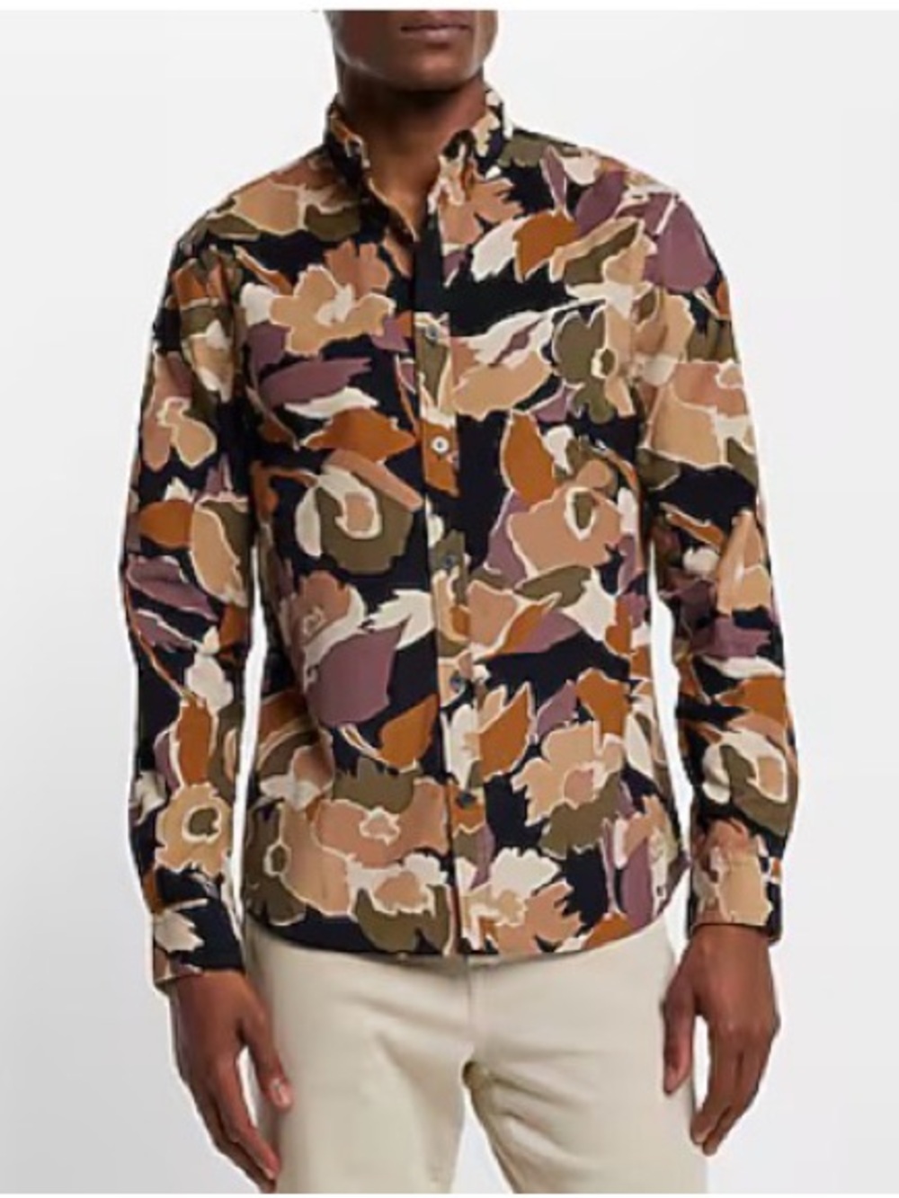 Express Men's Floral Camouflage Button-Down Shirt - Multi Brown